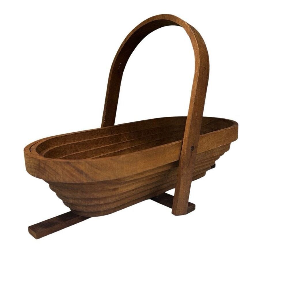 Paul Wright Collapsible Brown Wooden Basket With Handle Oval Shaped Storage